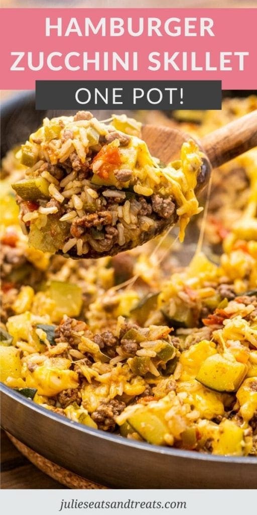 Pinterest Image for Ground Beef and Zucchini Skillet with text overlay of recipe name on top and a photo of wooden spoon scooping it out of a pan below that.