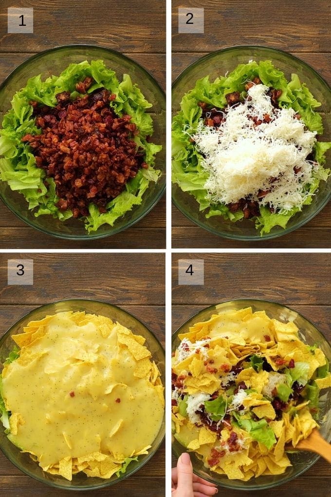 Four Image collage showing steps to mix up Lettuce Frito Salad.