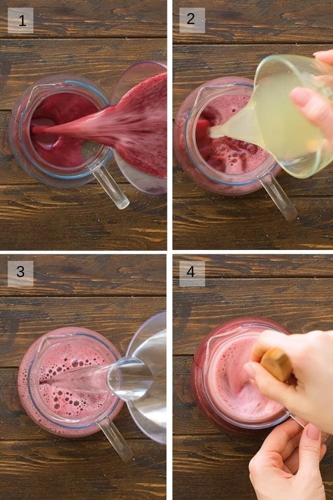 Collage of four images showing how to mix blueberry puree, juiced lemons and water in pitcher