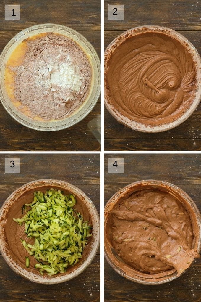 Collage of four images showing a bowl adding wet and dry ingredients together and then mixing. Another image showing shredded added to batter then a finally image of it mixed into the batter.