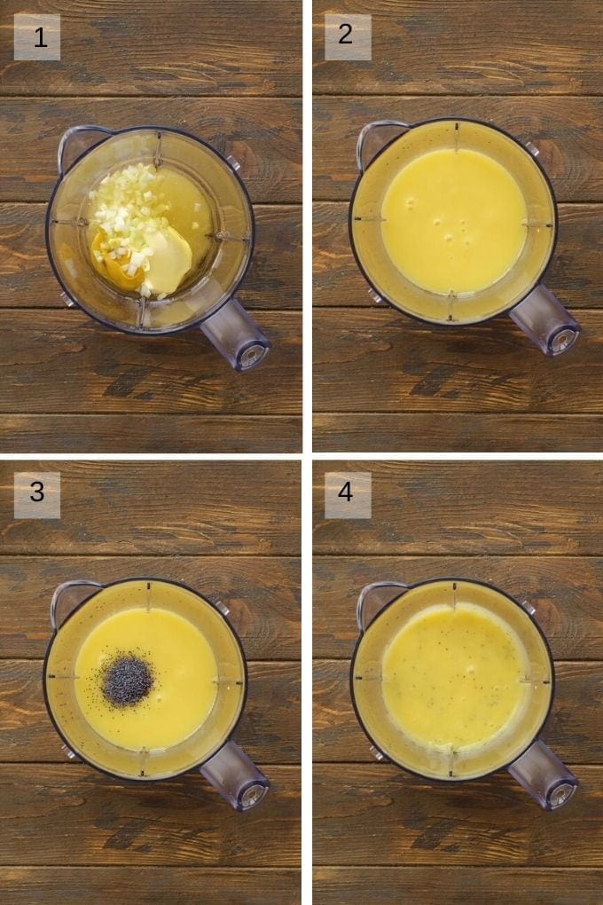 Four image collage showing how to blend poppy seed dressing.