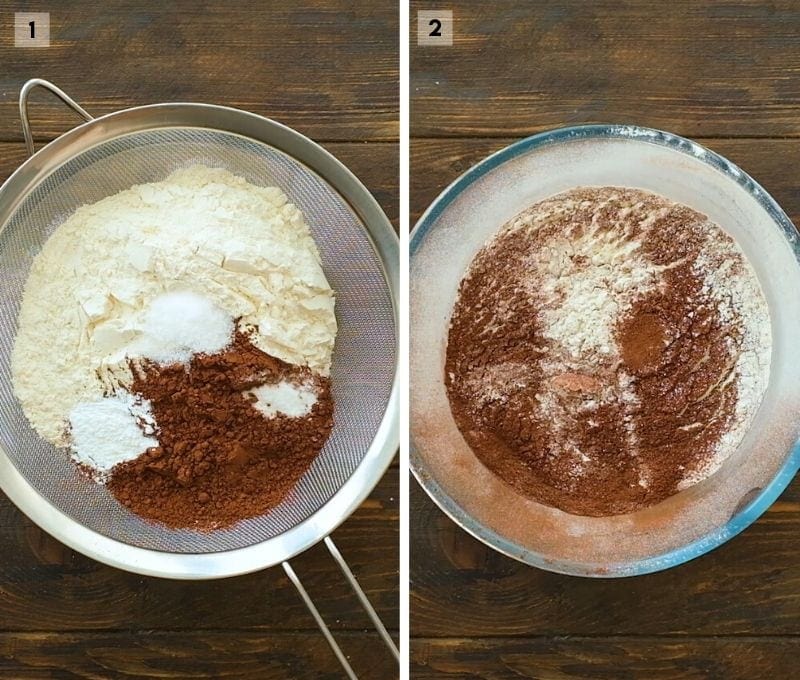 Two image collage showing dry ingredients in sifter and then glass bowl with ingredients sifted into it.