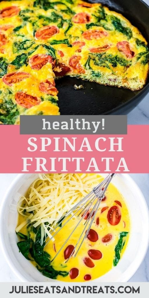 Pinterest image with photo of spinach frittata in cast iron skillet on top, text overlay of recipe name in middle and a bowl of ingredients on bottom