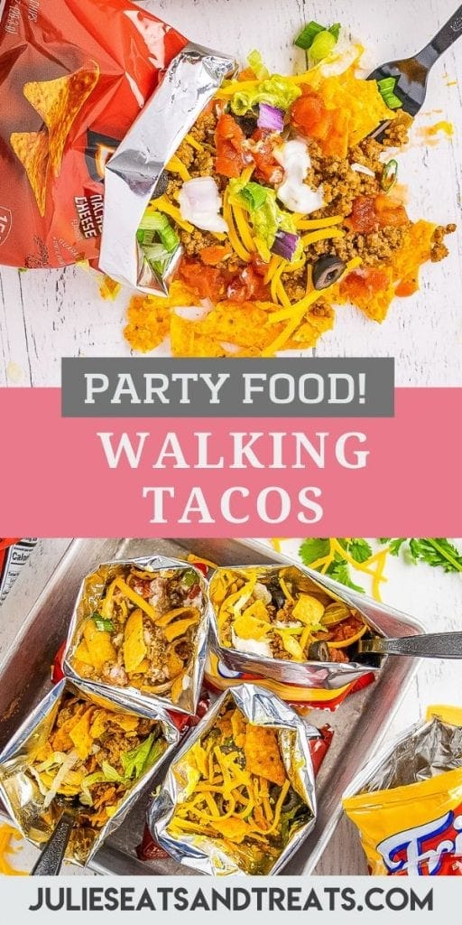 Pinterest Image for Walking Tacos with photo of walking taco spilled on white background on top, text overlay of recipe name in middle and bottom image of four walking tacos in a group.