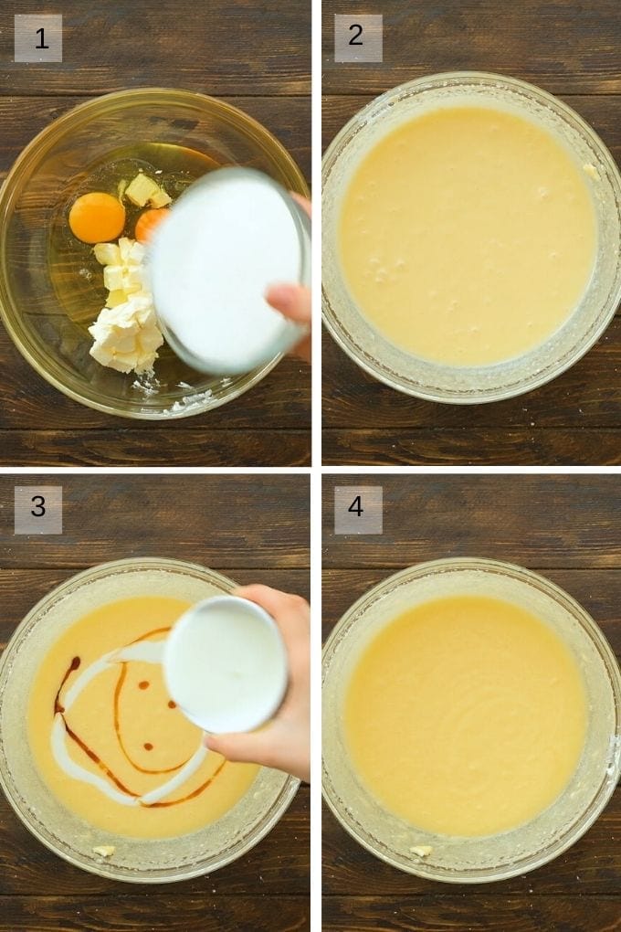 Collage of four images showing mixing of wet ingredients for cake.