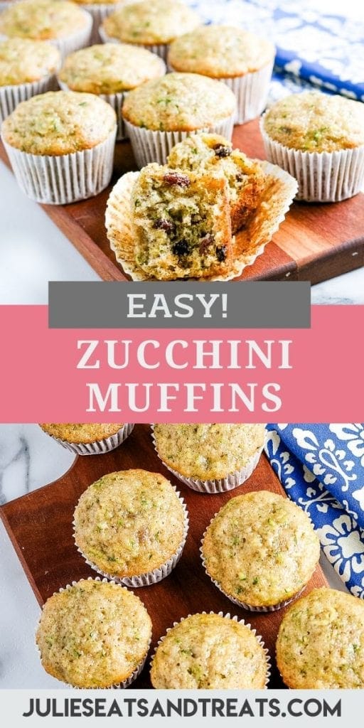 Pin Image for Zucchini Muffins with top photo of muffin cut open on liner, middle text layer of recipe name and bottom overhead image of muffins.