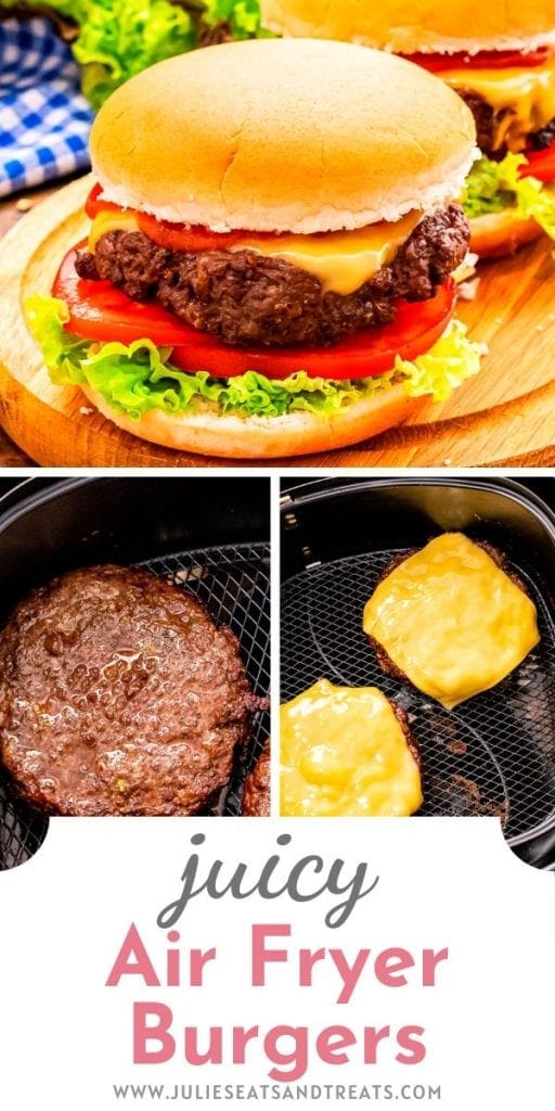 Pin Image with top photo of cheeseburger on bun then two little images below with burgers and cheeseburgers in air fryer basket. Text overlay of recipe title below that.