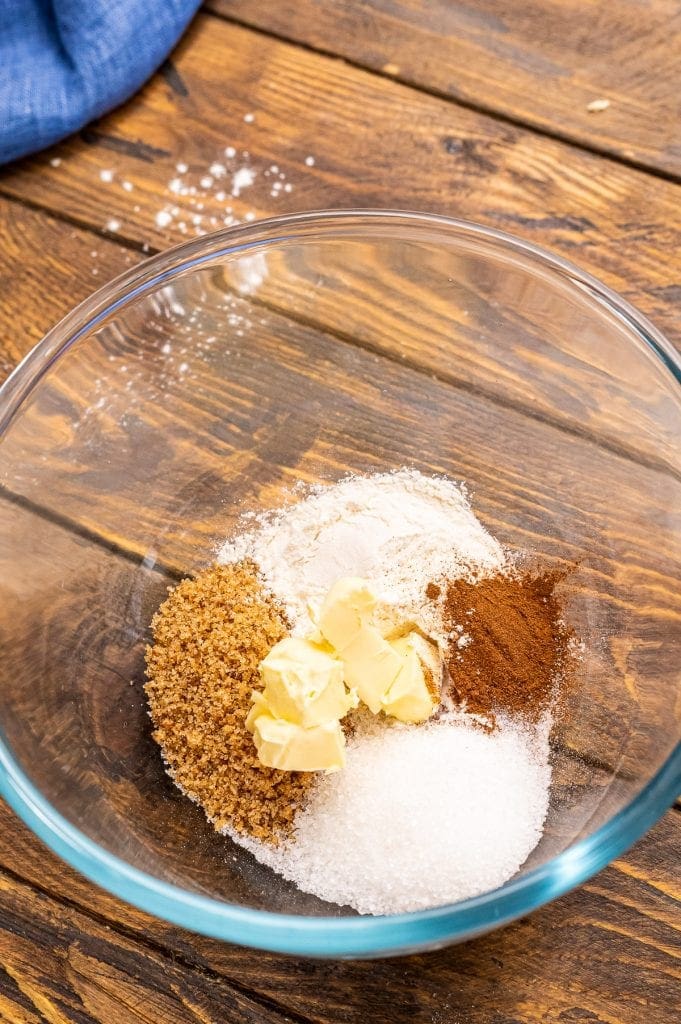 Glass bowl with dry ingredient for Apple Bread