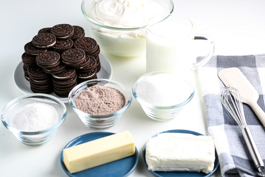 Ingredients needed to make Chocolate Lasagna on white background