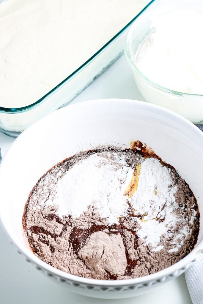 White bowl with chocolate and vanilla pudding mix before combining.