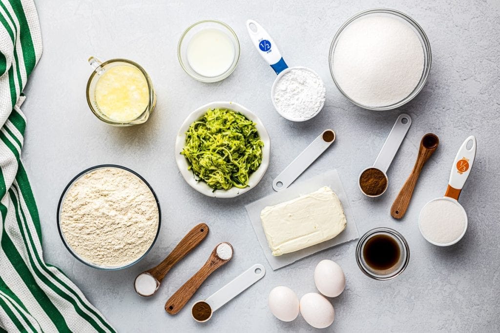 Overhead image showing ingredients needed to make cake