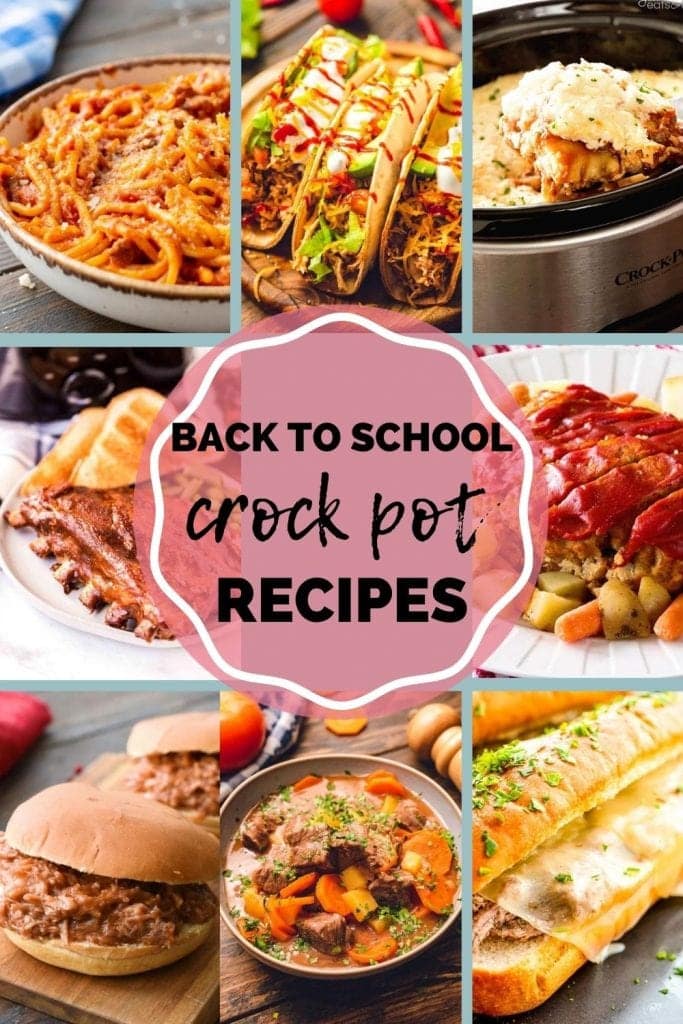 Back to School Crock Pot Recipes Pin Image with a collage of rectangle pictures around a center overlay of text recipe name.