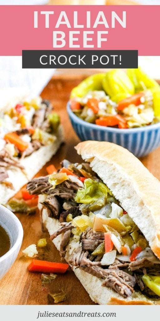 Pinterest Image showing Italian Beef Sandwich on bottom and text overlay on pink background with recipe name on top