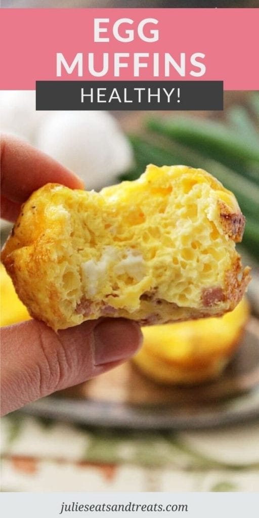 Pinterest Image for Egg Muffins with text overlay on top with pink behind it and a photo of a egg muffin with a bit out of it.