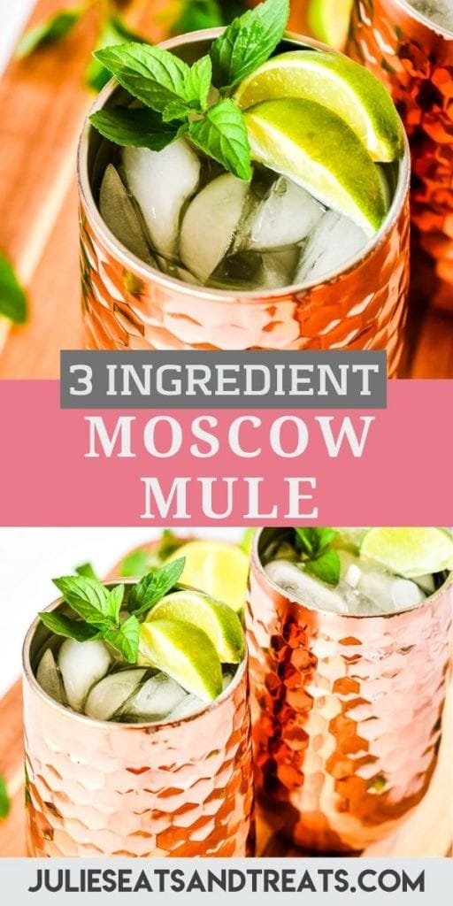 Pin Image for Moscow Mule with an overhead image of moscow mule on top, text layer of recipe name in middle and bottom shows two cocktail in copper mugs.