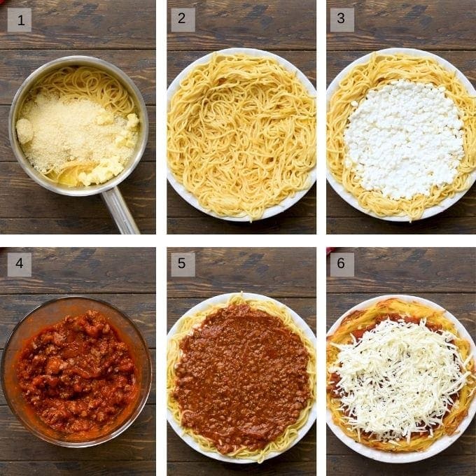 Collage of six photos showing the steps to make Spaghetti Pie recipe.