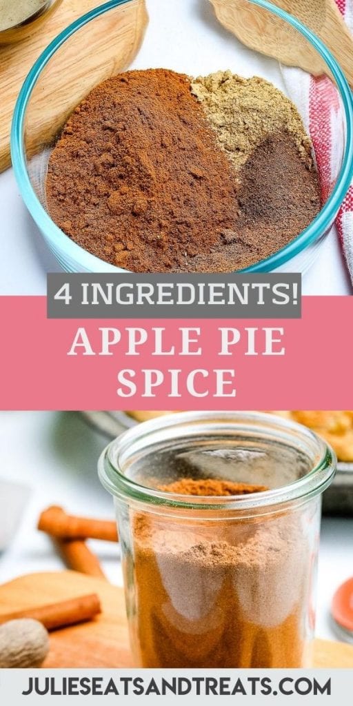 Apple Pie Spice Pin Image with a glass bowl of spices before mixing it on top image, middle has text of recipe name and bottom shows mixed spices in jar.