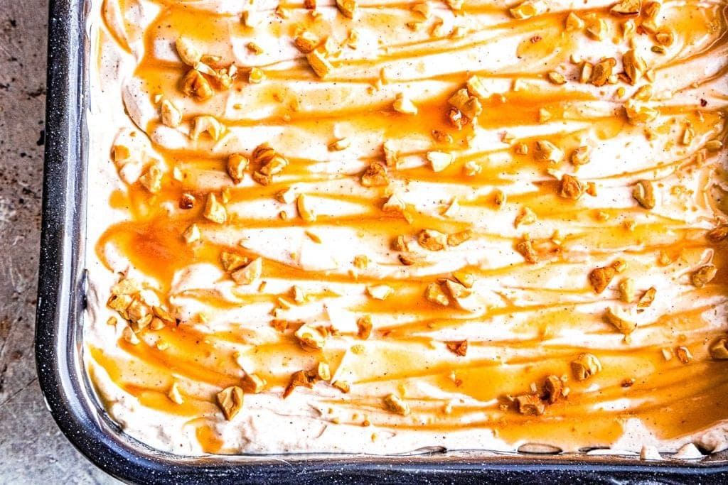 Overhead image of Dulce de Leche Apple Poke Cake In Pan