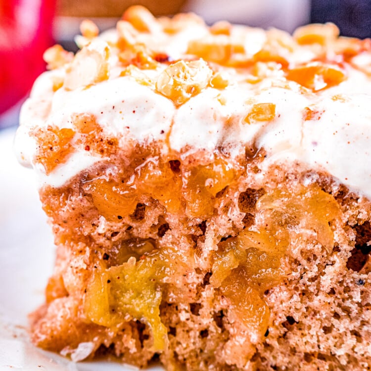 Dulce de Leche Apple Poke Cake sliced and on a plate