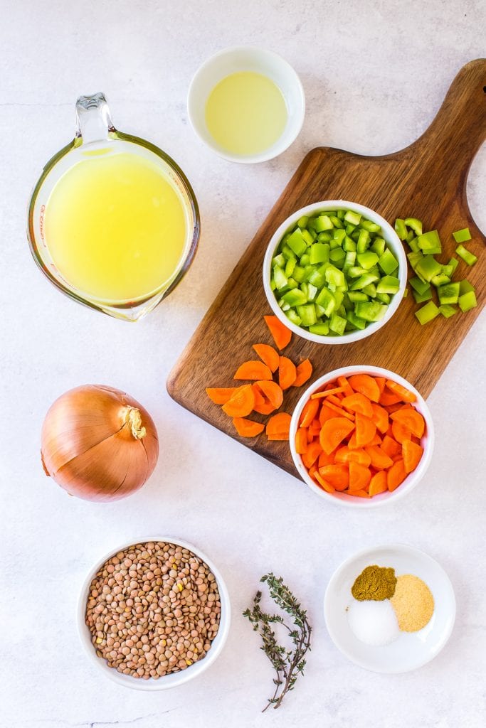 Overhead image of ingredients needed for Instant Pot Lentil Soup