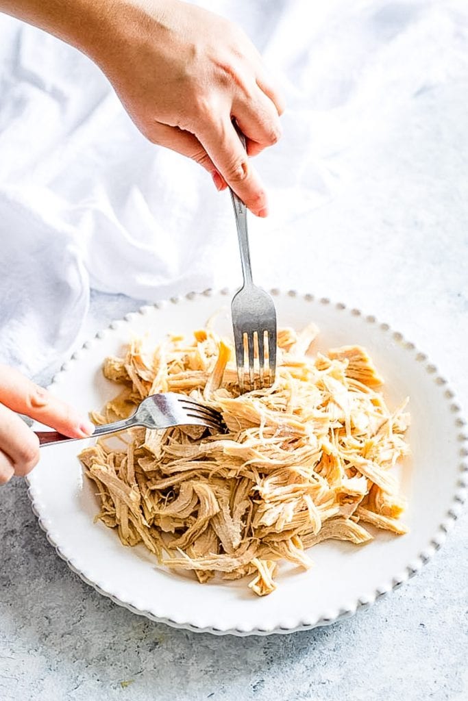 White plate with two forks shredding chicken breasts on light background.