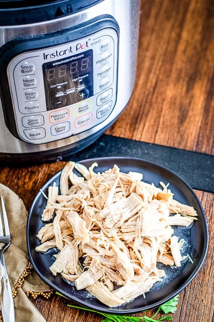 Shredded chicken on dark plate with an Instant Pot in background