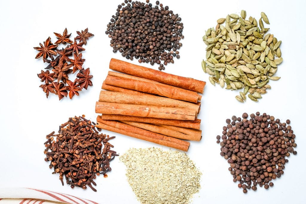 Mulling Spices Ingredients in groups on white background