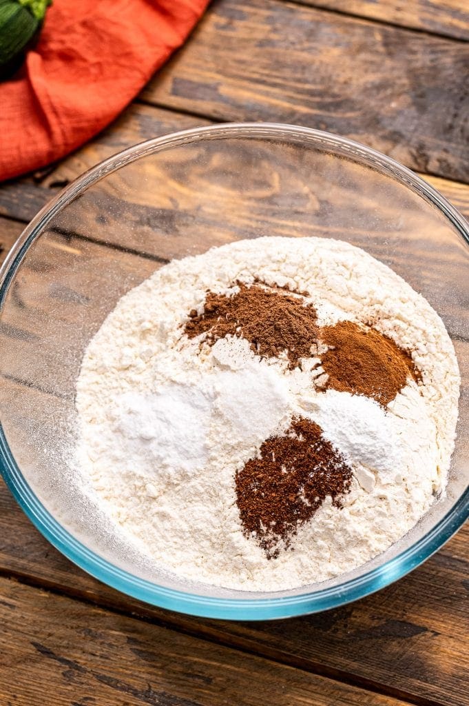 Pumpkin Zucchini Bread dry ingredients in glass bowl