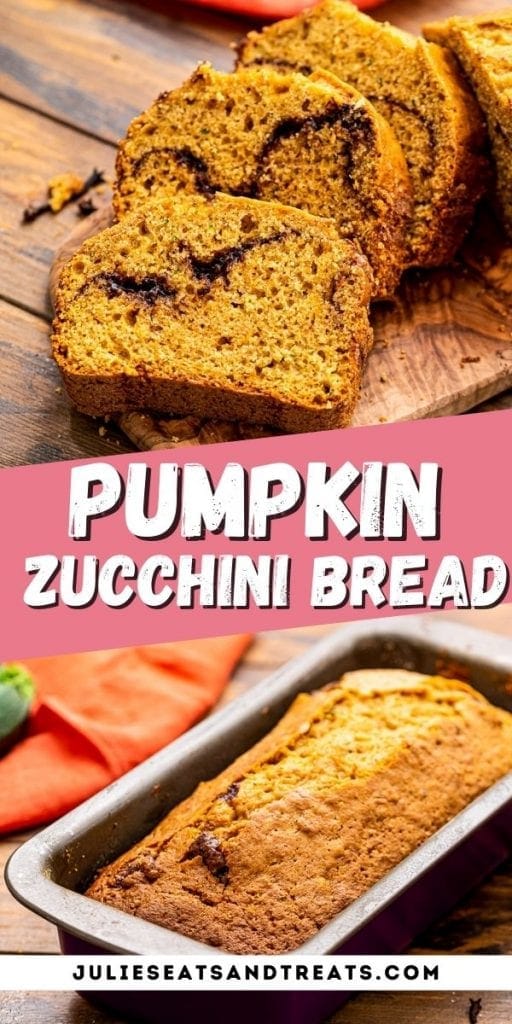 Pumpkin Zucchini Bread Pin Image with top showing sliced pieces of bread, text overlay of recipe name in middle and bottom showing a pan of pumpkin bread.