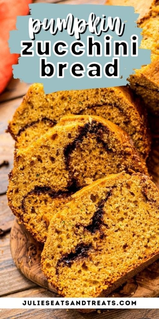 Pinterest Image Pumpkin Zucchini Bread with text overlay of recipe name on top and photo of sliced bread below.