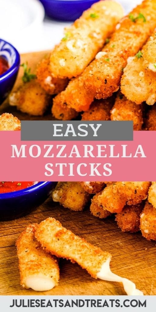 Pinterest Image with a photo of a stack of Mozzarella Sticks on top, text overlay of recipe name in middle and a bottom photo of a Mozzarella Stick pulled about with cheese melting out of it.