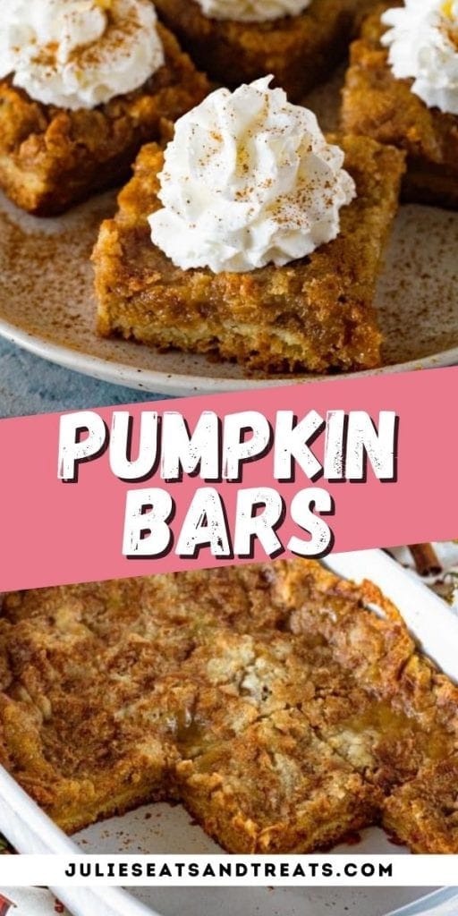 Pumpkin Dessert Bars Pin Image with top image showing a bar on plate, text overlay of recipe name and bottom showing pan of bars.