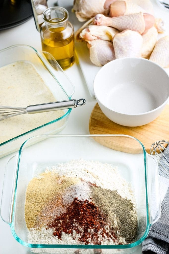 Fried Chicken Coating in clear square baking dish before mixing.