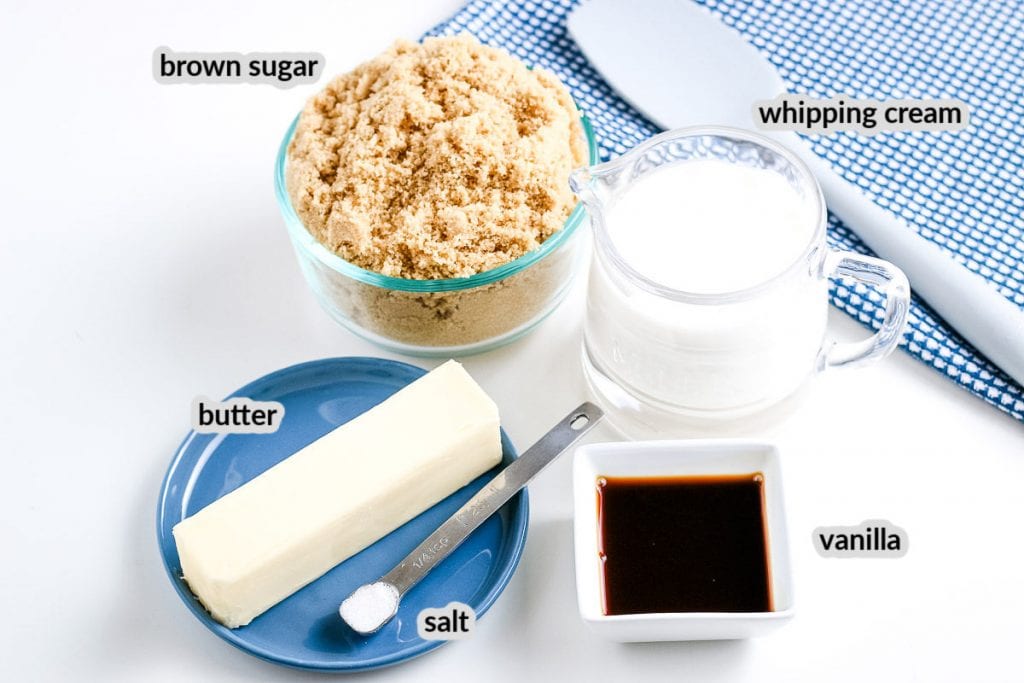 Caramel Sauce Ingredients in bowls on white background