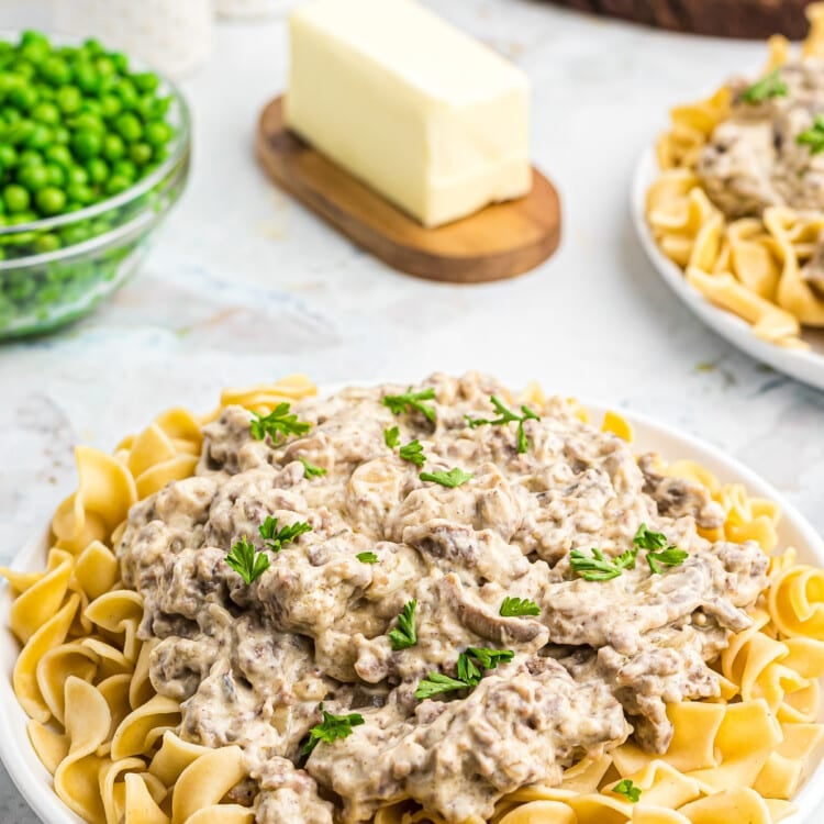 Hamburger Stroganoff on top of egg noodles on a whilte plate