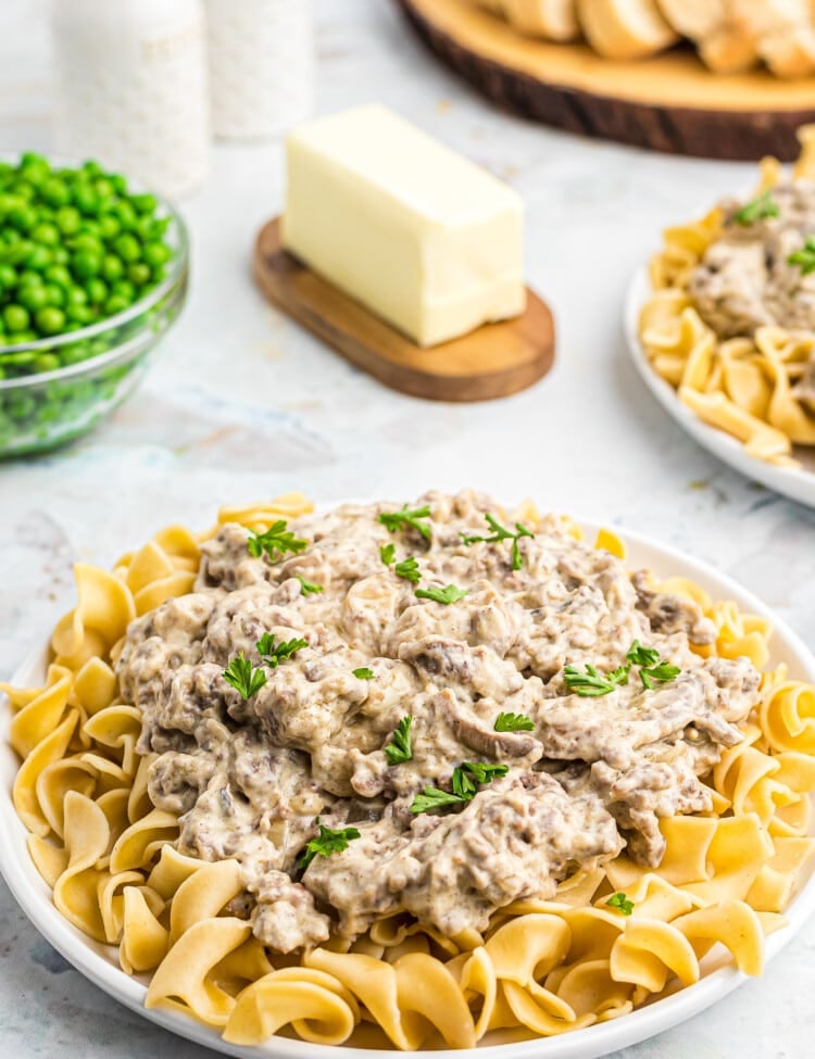 Hamburger Stroganoff on top of egg noodles on a whilte plate