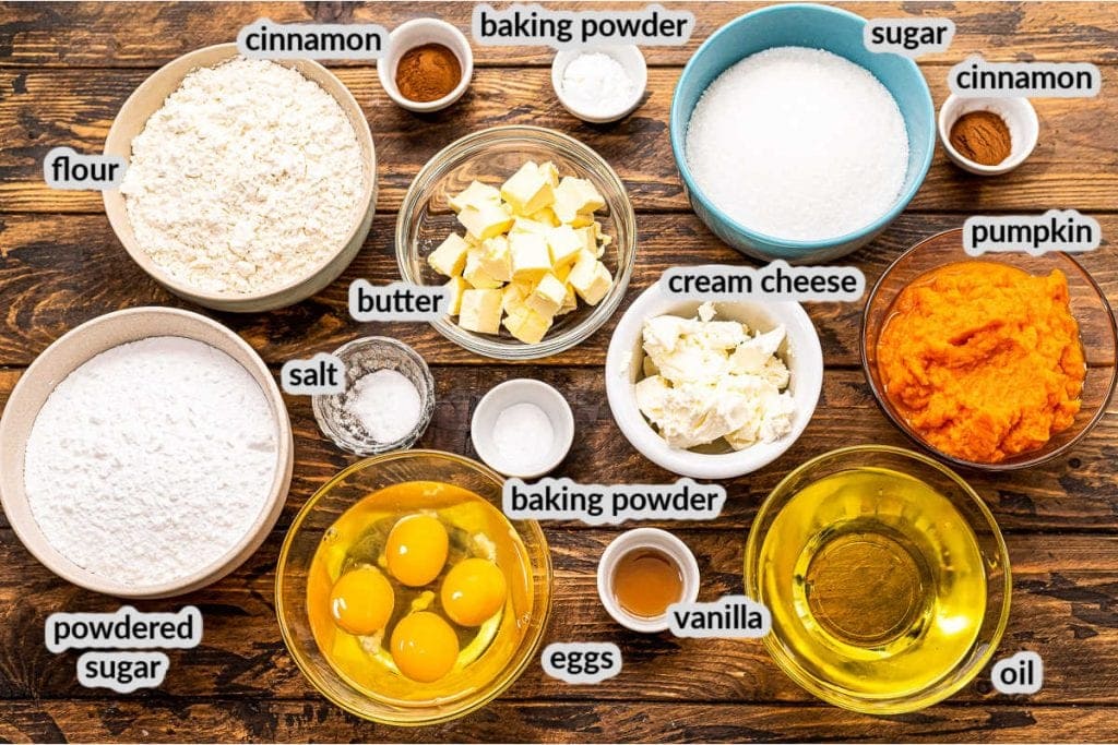 Pumpkin Bars with Cream Cheese Frosting Ingredients in bowls