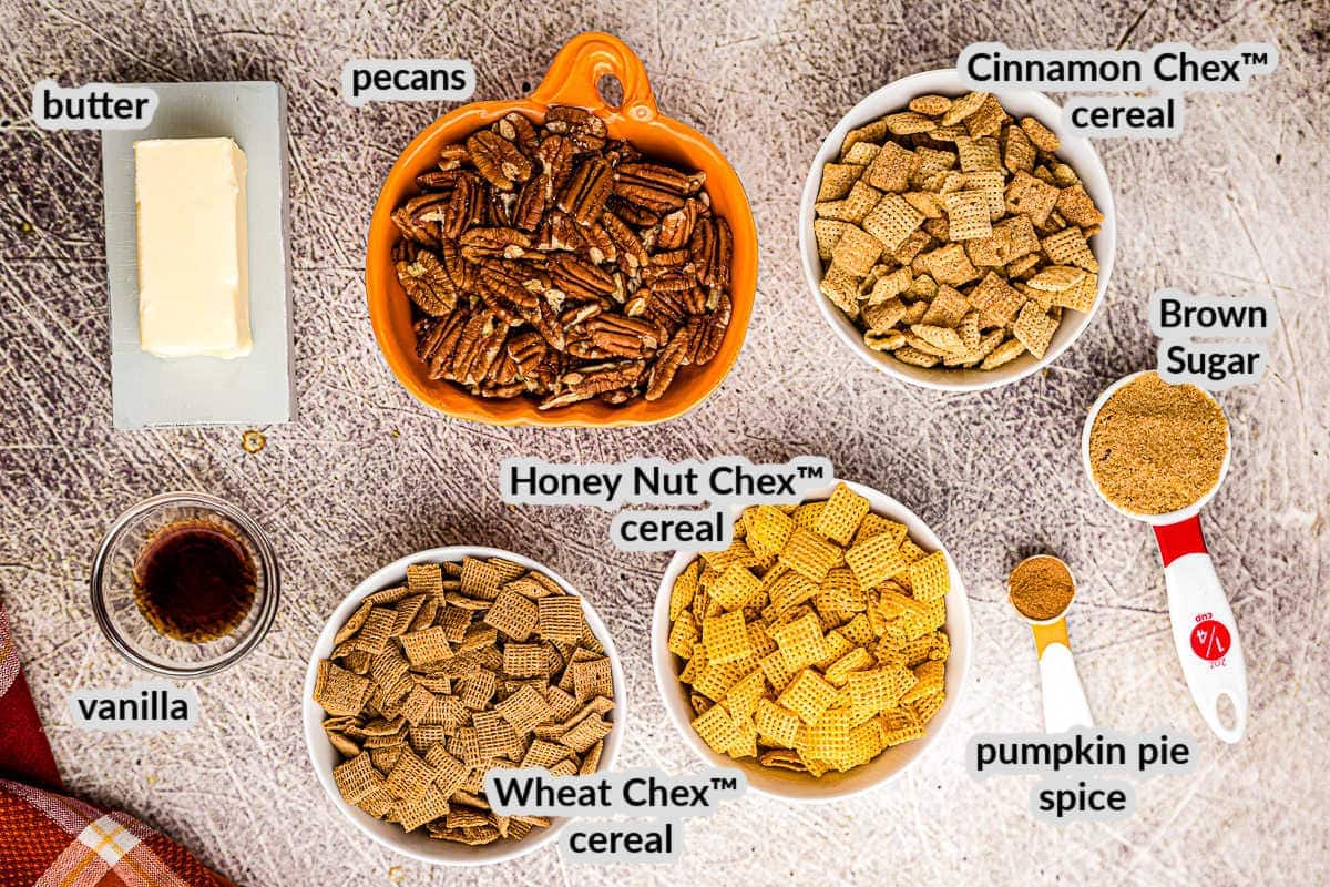 Overhead image of Pumpkin Chex Mix Ingredients