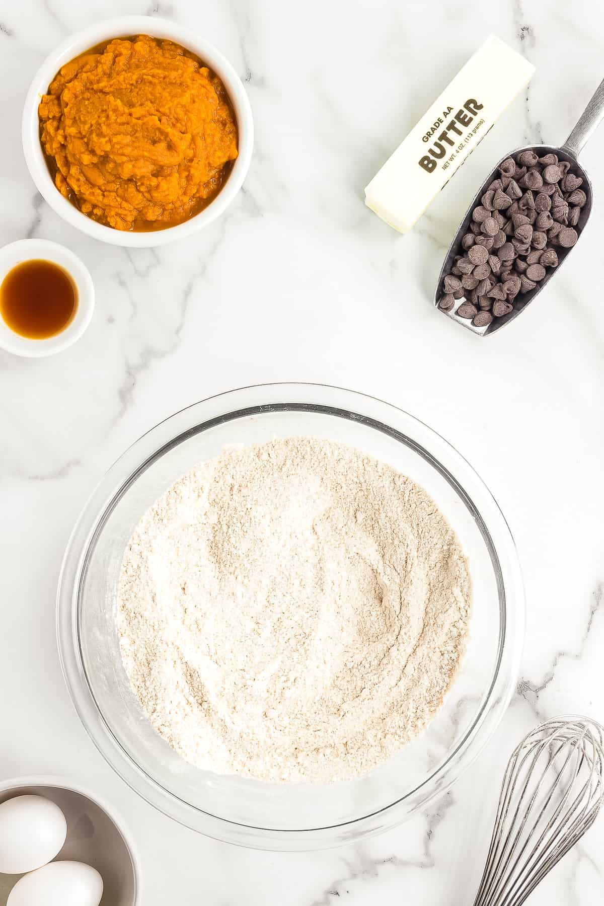 Dry ingredients in bowl for pumpkin chocolate chip muffins