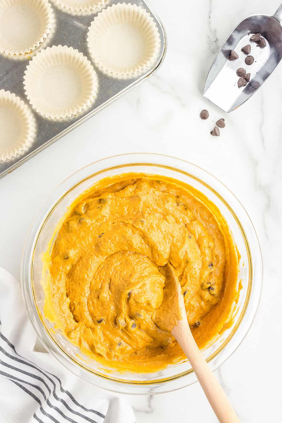 Bowl with pumpkin muffin batter and chocolate chips