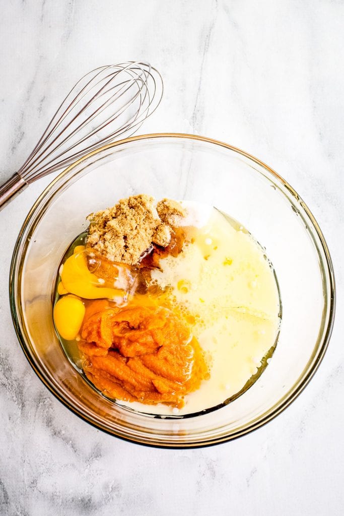 Pumpkin Cupcakes Wet Ingredients in Glass Bowl