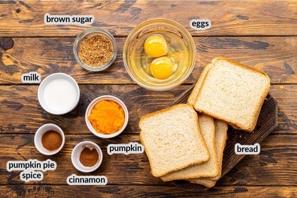 Pumpkin French Toast Ingredients on a wooden background