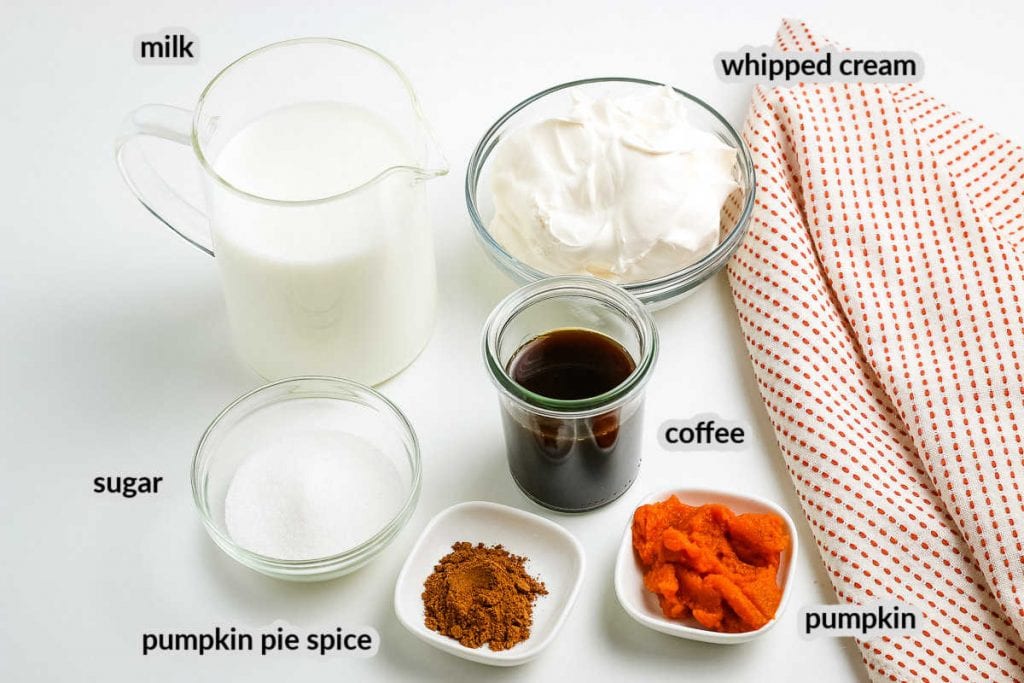 Pumpkin Spice Latte Ingredients on white background in bowls.