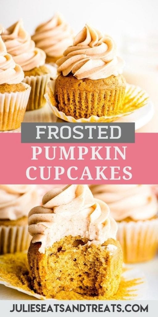 Pumpkin Cupcakes Pin Image with image of a Frosted Cupcake on top, text overlay in middle of recipe name and a bottom photo with bit taken out of cupcake.