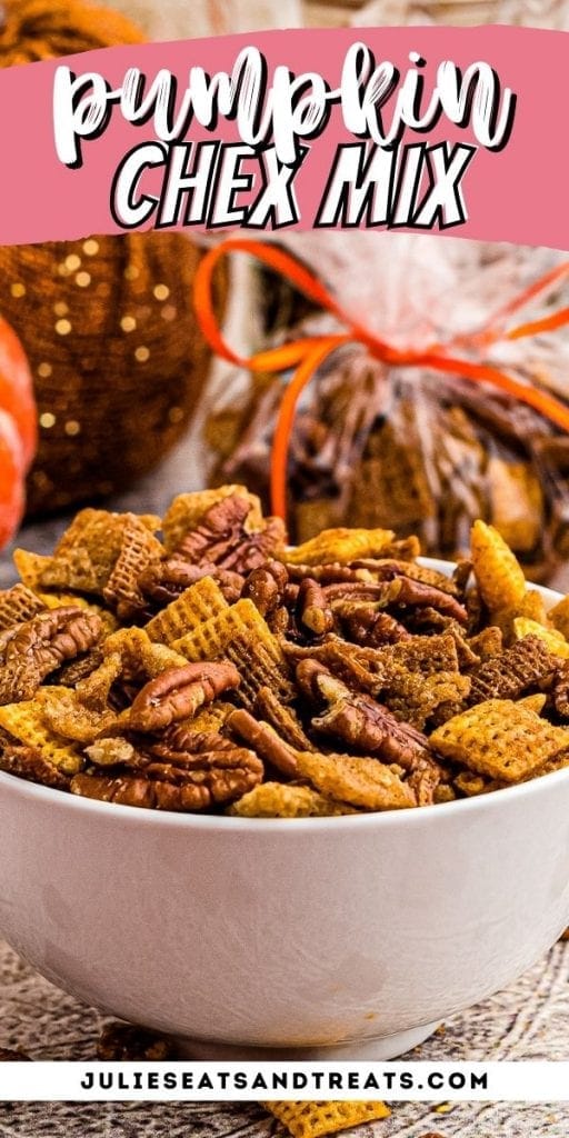 Pin Image for Pumpkin Chex Mix with text overlay of recipe name on top and a photo of it in a bowl below.