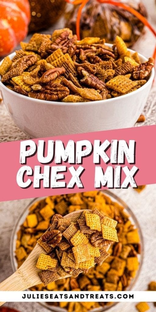 Pumpkin Chex Mix Pin Collage with top image of chex mix in white bowl, text overlay in middle and bottom phot o of wooden spoon with chex mix on it.