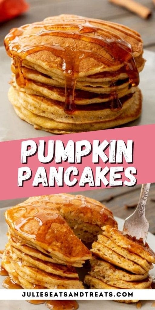 Pumpkin Pancakes Pinterest Image with a white plate of pancakes on top, text overlay of recipe name in middle and bottom photo of fork stabbing pancakes.