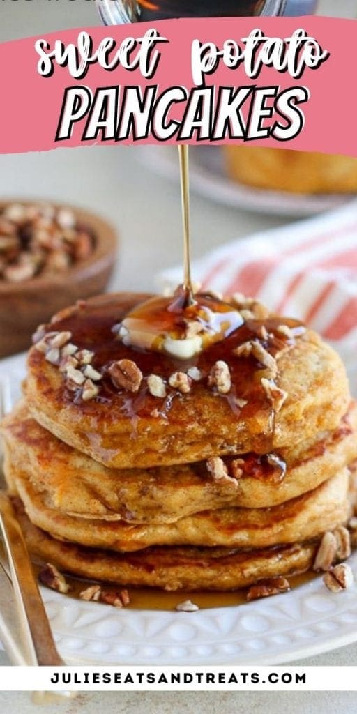 Pin Image for Sweet Potato Pancakes with text overlay of recipe name on top and bottom showing a stack of pancakes.