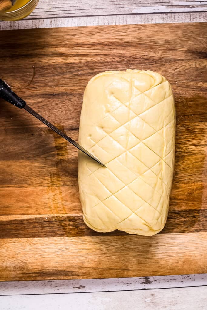 Knife scoring puff pastry