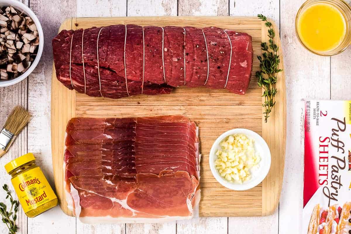 Overhead image of ingredients for Beef Wellington